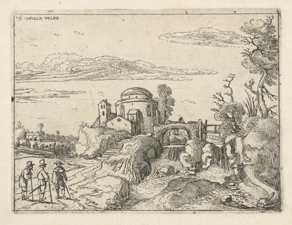 Bridge over waterfall next round building with a dome, Esaias van de Velde, 1615