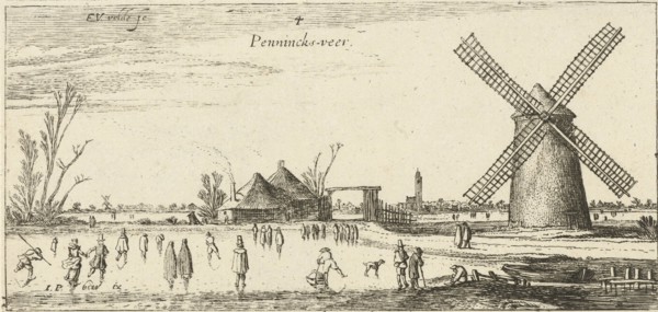Skaters on the ice at a mill near Penningsveer, The Netherlands, Esaias van de Velde, 1615-1616