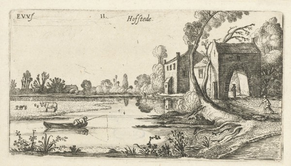 Landscape with a River and gatehouse, print maker: Esaias van de Velde, 1613 - 1617