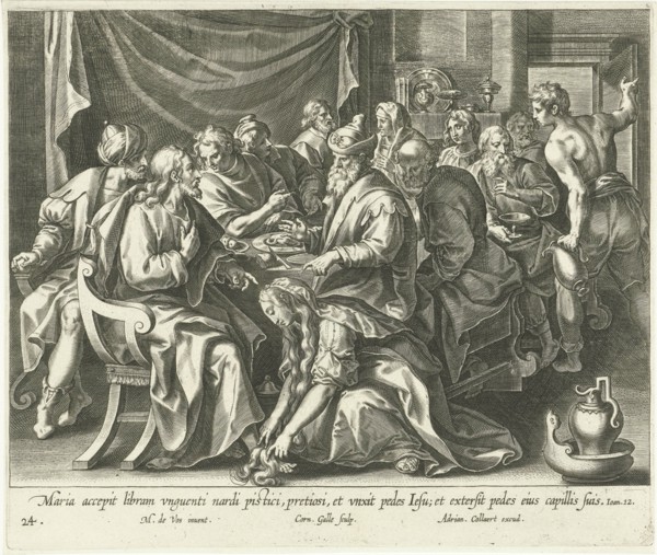 Mary Magdalene washes the feet of Christ, print maker: Cornelis Galle I, Maerten de Vos, 1598 -
