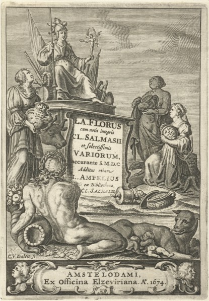 Personifications of Europe, Asia and Africa offer Rome gifts, in foreground rivergod and Romulus