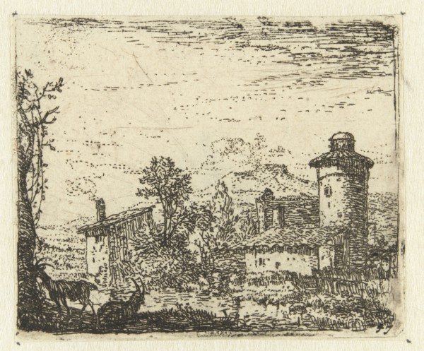 Italianate landscape with round tower and two goats, Karel Dujardin, 1652 - 1659