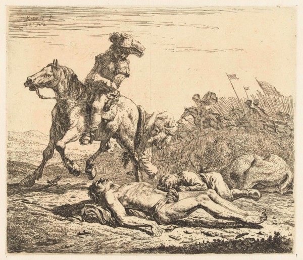 Battlefield soldier on horseback and two deaths, print maker: Karel Dujardin, 1652