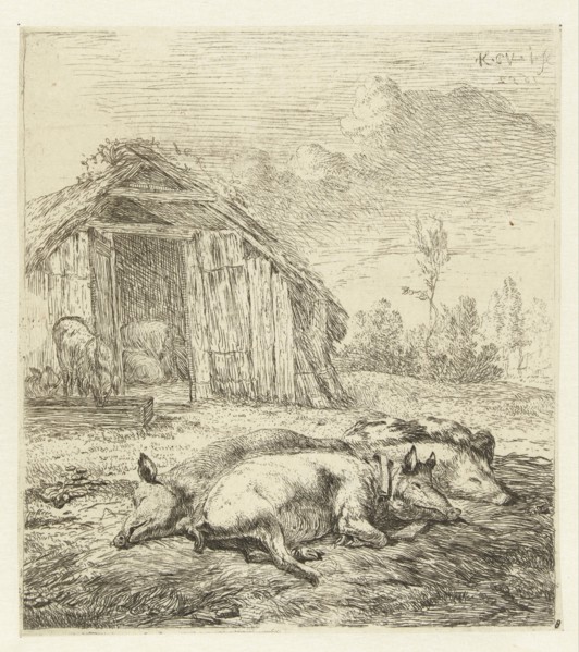 Three pigs, print maker: Karel Dujardin, Karel Dujardin, 1652