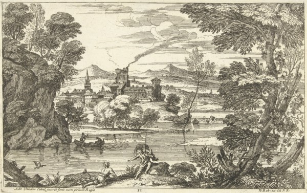 Landscape with man waving mantle, Adriaen van der Kabel, 1648 - 1705