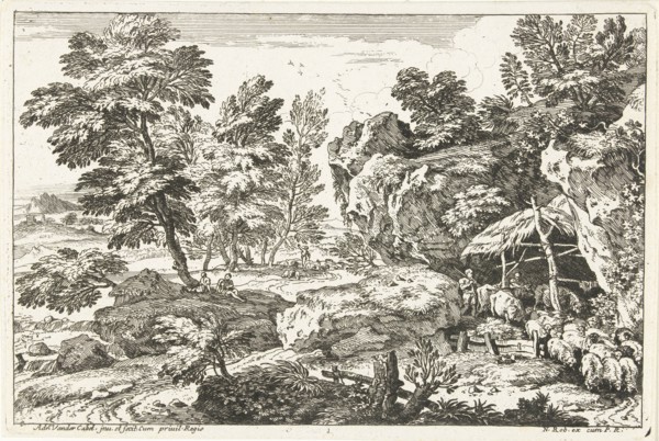 Landscape with sheepfold, print maker: Adriaen van der Kabel, N. Robert, 1648 - 1705