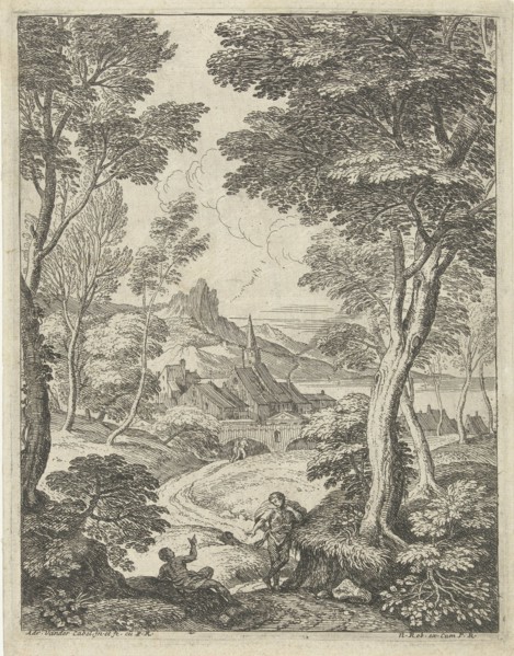Landscape with a portrait and man talking along a winding path, in the background a city with