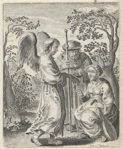 In a landscape is a pilgrim with pilgrim's staff and scallops on his cloak, beside him sits a woman