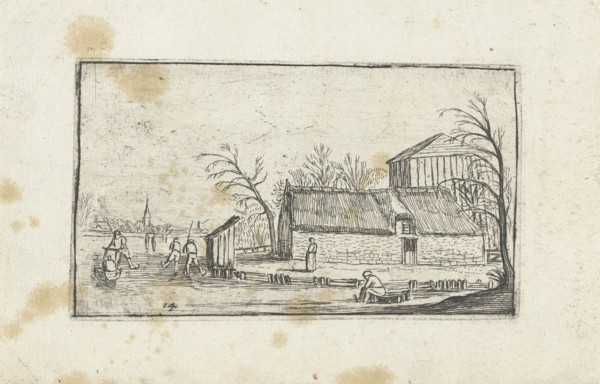 Frozen river with skaters on a farm, Esaias van de Velde, Anonymous, Johannes Pietersz.