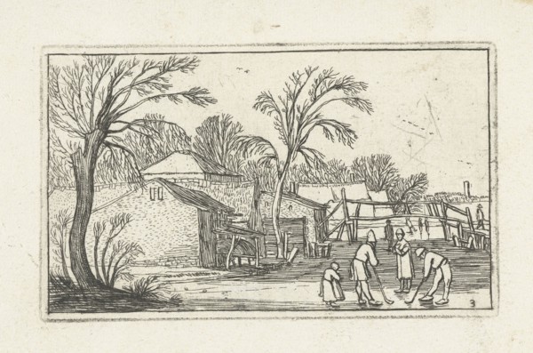 Skaters and kolf players, Kolven, on the ice near farms, Esaias van de Velde, Anonymous, Johannes