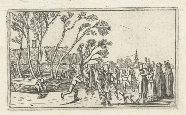 Skaters on the ice at a farm, Esaias van de Velde, print maker: Anonymous, Johannes Pietersz.