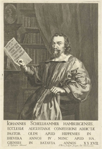 Portrait of Pastor Johannes Schellhammer, sitting at a desk, print maker: Hendrik Bary (mentioned