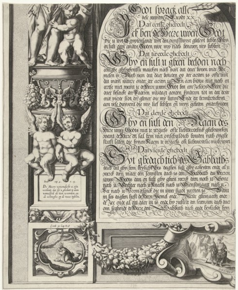 Moses and Aaron with the Tablets of the Law (leaf left), Simon Frisius, Gerard Valck, 1670 - 1726