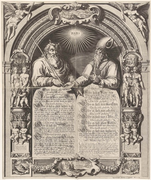 Moses and Aaron with the Tablets of the Law, Simon Frisius, Gerard Valck, 1670 - 1726