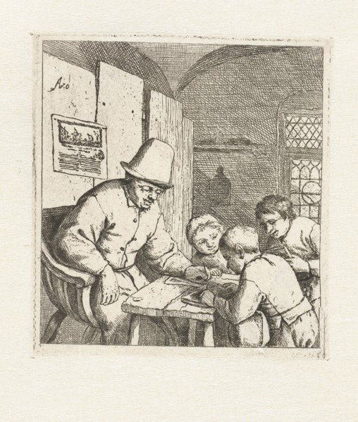 Schoolmaster with three students at table, Adriaen van Ostade, 1671 - 1679