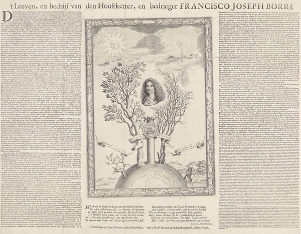 Allegory with the portrait of Gioseppe Francesco Borri, print maker: Theodor Matham, Jan Zoet
