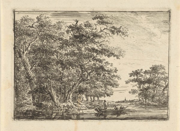 Fishermen in boat to wooded shore, Hermanus van Brussel, c. 1800 - in or before 1815
