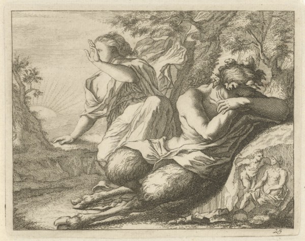 Sater and female figure cover the eyes from sunlight, Arnold Houbraken, Anonymous, 1700 - 1750