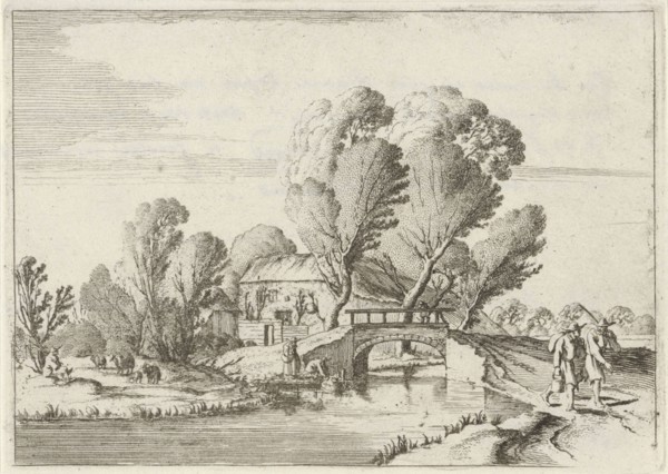 In a wooded landscape two hikers walking on a path along a canal, Behind the bridge over the canal