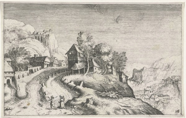 Village in a mountain landscape, Matthijs Bril, Josse van Liere, Hendrick Hondius (I), 1614