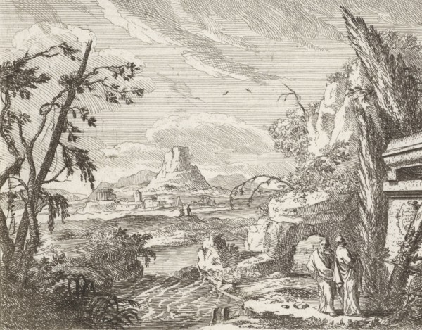 Landscape with mountains and ruinous buildings, Anonymous, 1701 - 1751