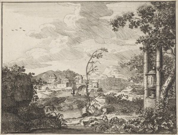 River landscape with hills and a town, Anonymous, 1701