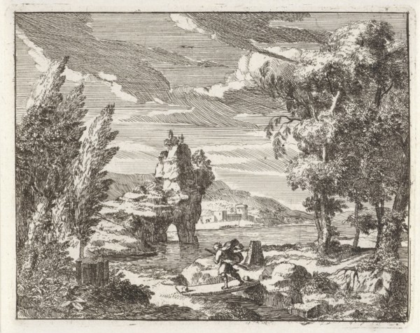 A river landscape with travelers, Anonymous, 1701