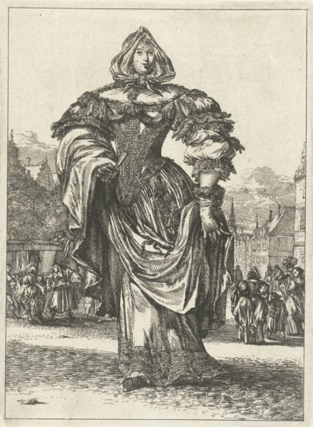 Lady in dress from the series Figures Ã  la mode, Romeyn de Hooghe, 1670 - 1685