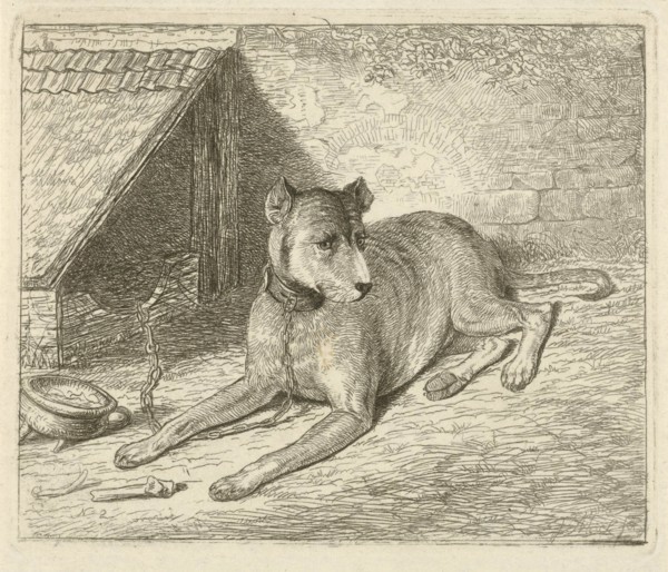 Dog on a chain in a doghouse, For him a bone, Bottom left numbered 2, print maker: Johannes Mock