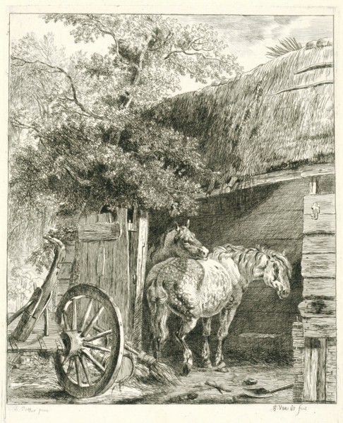Two horses in a barn, Pieter Gerardus van Os, 1791 - 1839
