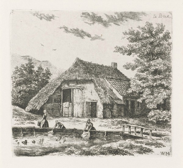 Three women doing laundry in the water for a farm in Beek, The Netherlands, print maker: Christiaan