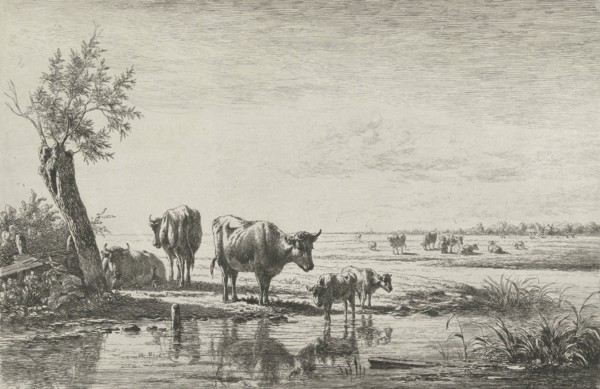 Meadow Landscape with cows in water, Simon van den Berg, 1822-1891