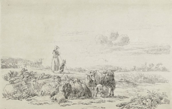 Landscape with shepherd dog with sheep herd, Simon van den Berg, 1822 - 1899