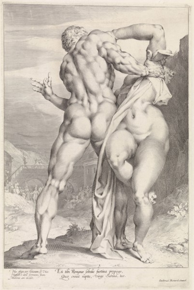 Rape of a Sabine woman, rear view, print maker: Jan Harmensz. Muller, Adriaen de Vries, Louis