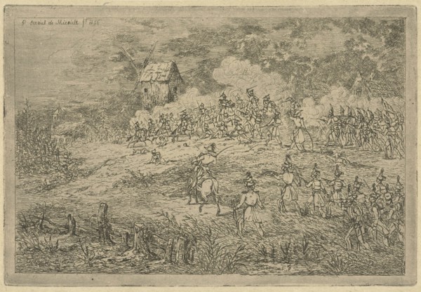 Battle between cavalry and infantry, print maker: Gerardus Emaus de Micault, 1856