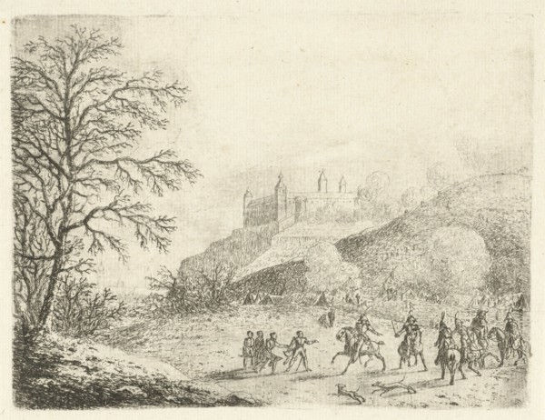 Cavalrymen at a tent camp at the bottom of a hill, in the background the fortress Ehrenbreitstein,