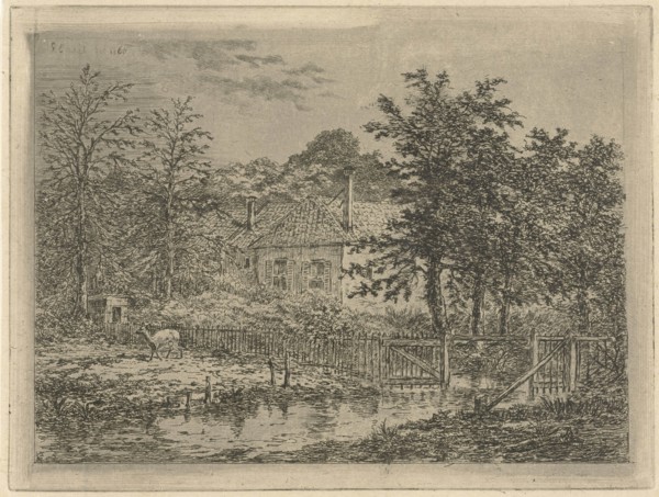 View of a house located between trees and shrubs, at the gate with a deer, print maker: Gerardus