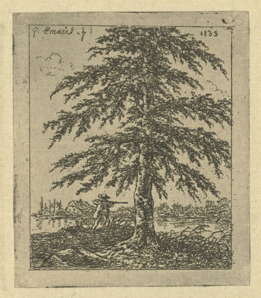 Under a beech a hunter aims his rifle at a duck, in the background a farm on the water, print