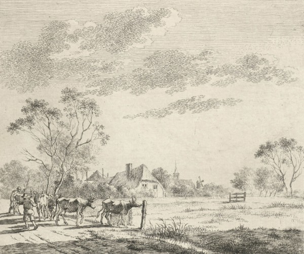 Landscape with farm and pasture, a path with two farmers who drive the cows to the pasture, a