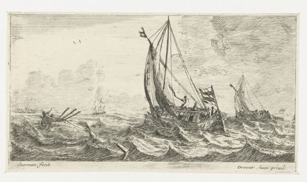 Two ferries and a rowing boat on a rough sea, print maker: Anonymous, Dating 1650 - 1738