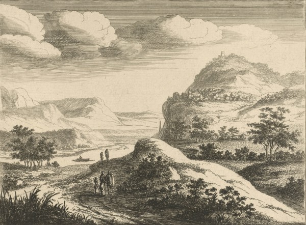 River landscape with village on a hill, Jan van Almeloveen, 1683