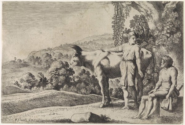 Mercury is pointing to the cow Io and looks at Argus, which sits on a stone block, scene from