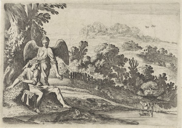 Tobias scares the fish, print maker: Moyses van Wtenbrouck, Hendrick Hondius I, 1620 and/or in or