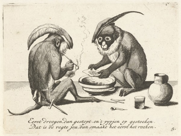 Two monkeys smoking a pipe, Quirin Boel, David Teniers II, print maker: Anonymous, 1635 - 1724