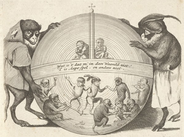 Title print of a series of six prints in which various human activities are represented by monkeys,