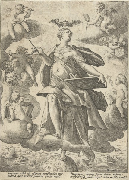 Allegory of art, print maker: Hendrick Goltzius workshop of, Hendrick Goltzius, Claes Jansz.