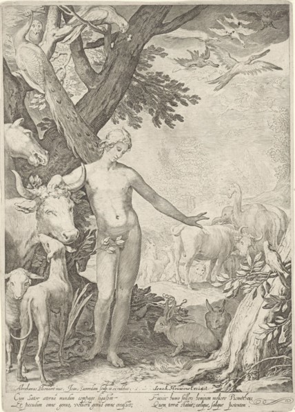 Adam stands in the foreground, around him all kinds of animals bull, dog, Schapp, snake, rabbit,