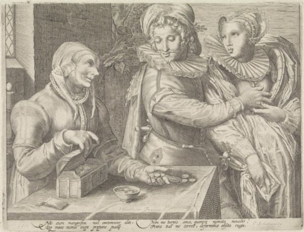 Young couple and an old woman with money box (Unequal love), Anonymous, Jan Saenredam, Hendrick