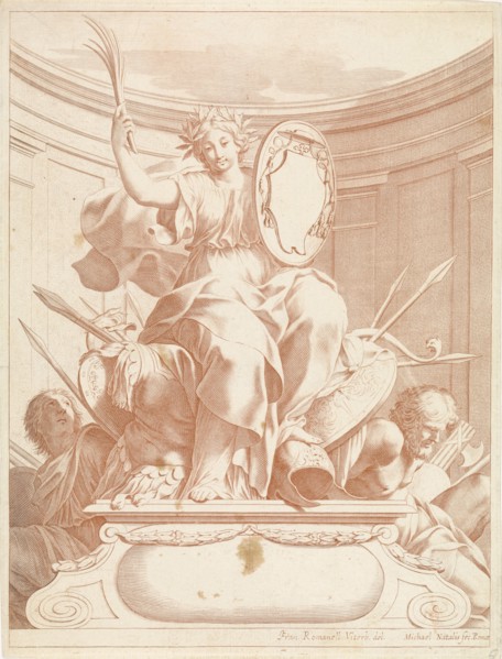 Victory holding a palm branch in his hand and holds a shield, that crowned with the cardinal's hat,