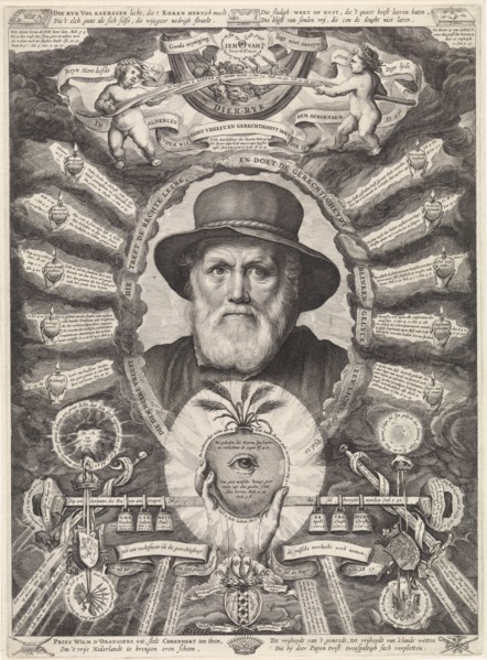 Portrait of Dirck Volckertsz Coornhert in allegorical frame, Theodor Matham, William II (Prince of